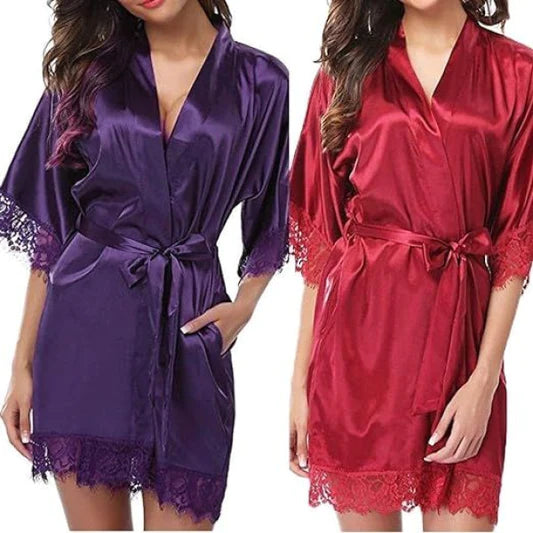 Purple Satin Lace Night Gown Comfortable Loose Fit Nightwear with Knotted Closure for Women\'s Casual Sleepwear