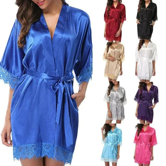 Purple Satin Lace Night Gown Comfortable Loose Fit Nightwear with Knotted Closure for Women\'s Casual Sleepwear