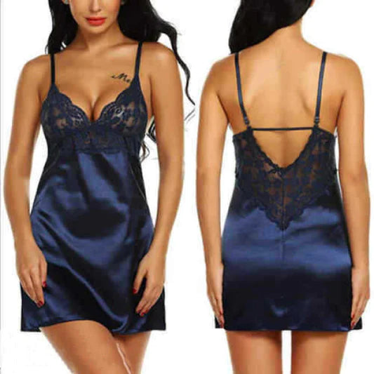 Romantic Satin Lace Patchwork V-neck Nightwear Blue Lingerie Sleepwear for a Sensual and Stylish Night - Shop N Save