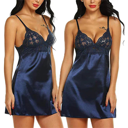 Romantic Satin Lace Patchwork V-neck Nightwear Blue Lingerie Sleepwear for a Sensual and Stylish Night - Shop N Save
