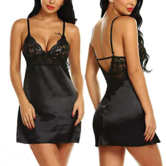 Satin Lace Patchwork V-neck Nightwear Romantic and Casual Satin Nightdress for Women. Spaghetti Strap Backless See Through. Pink Nighty. - Shop N Save