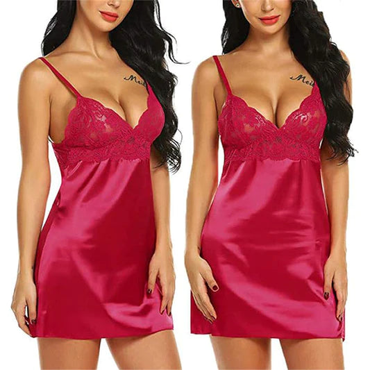 Pink Satin Lace Patchwork V-neck Nightwear See Through Sleepwear for Women Spaghetti Strap Backless Nightdress
