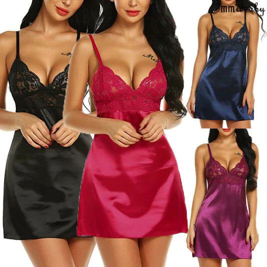 Pink Satin Lace Patchwork V-neck Nightwear See Through Sleepwear for Women Spaghetti Strap Backless Nightdress