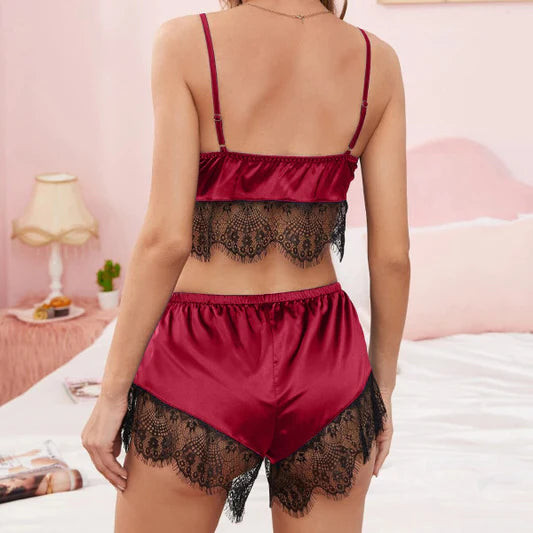 Romantic Wine Red Lace Satin Lingerie Set for Women Spaghetti Strap Top & Elastic Waist Shorts Perfect Nightwear for Girls!