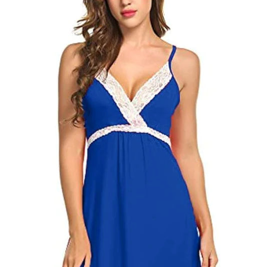 Free-Spirited Blue Lace Nightwear for Comfortable Romantic Evenings. Soft Polyester-Spandex Blend with V-Neck and Spaghetti Straps. Free Size for Girls