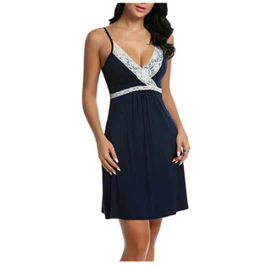 Free-Spirited Navy Blue Lace Nightwear for Comfortable Romantic Evenings. Soft Polyester-Spandex Blend with V-Neck and Spaghetti Straps. Free Size for Girls - Shop N Save