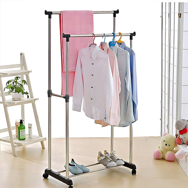 Easy-Assembly Silver Double Pole Clothes Hanger Adjustable & Moveable Ideal for Clothing Storage Drying and Space Saving Stainless Steel - Shop N Save