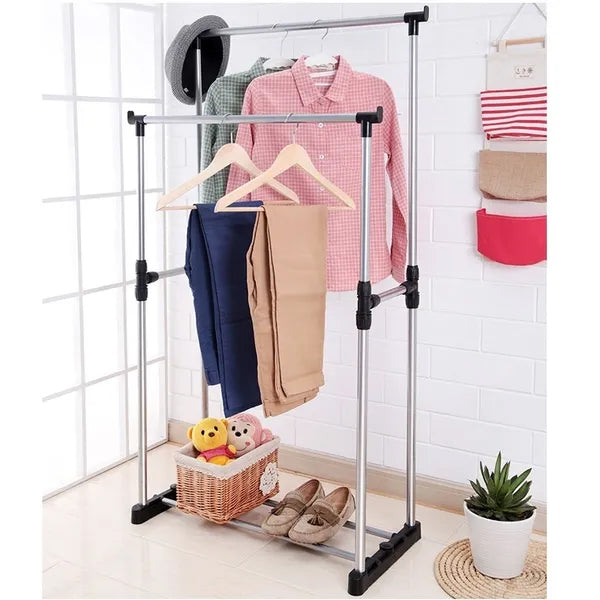 Easy-Assembly Silver Double Pole Clothes Hanger Adjustable & Moveable Ideal for Clothing Storage Drying and Space Saving Stainless Steel - Shop N Save