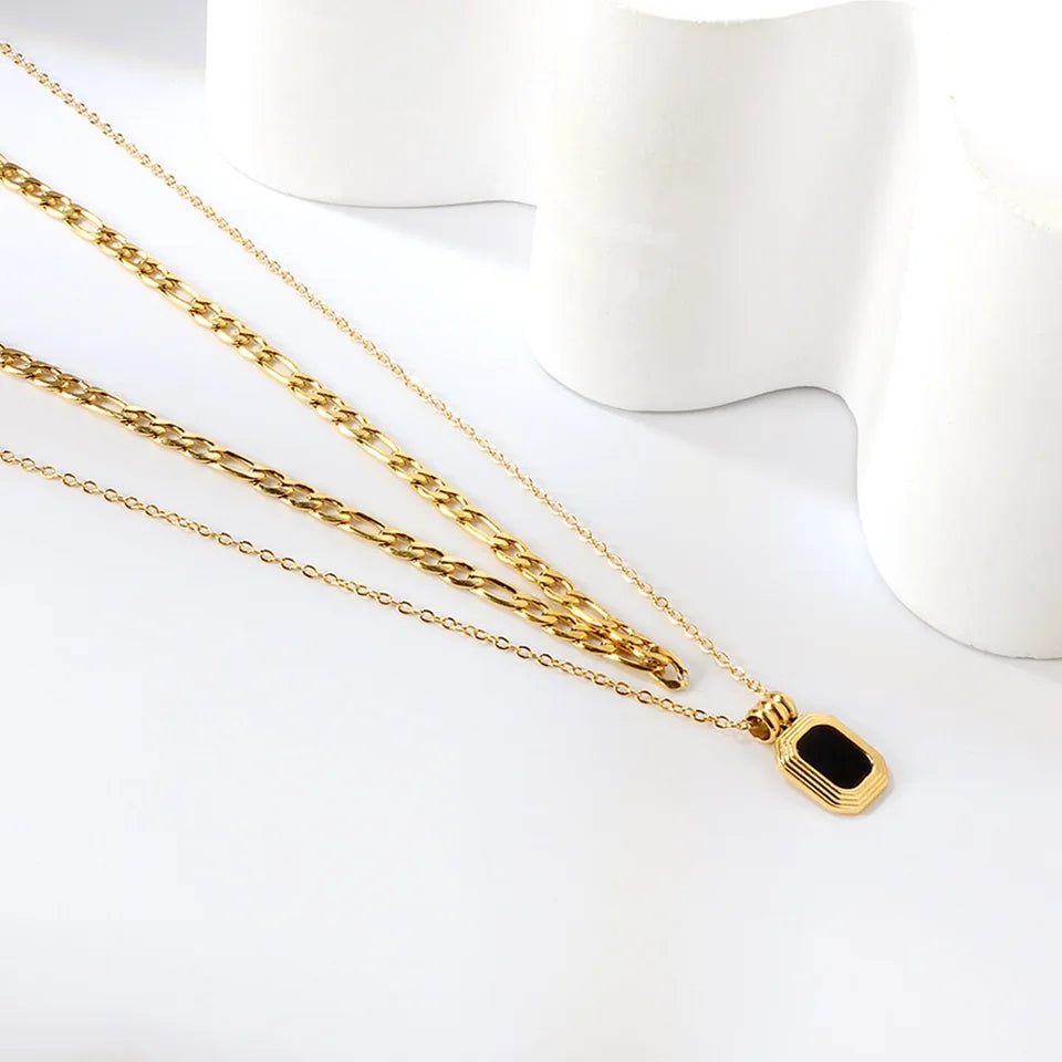 LUXUSTEEL Double Layer Gold Necklace: Black Square Pendant, Korean Choker - Shop N Save