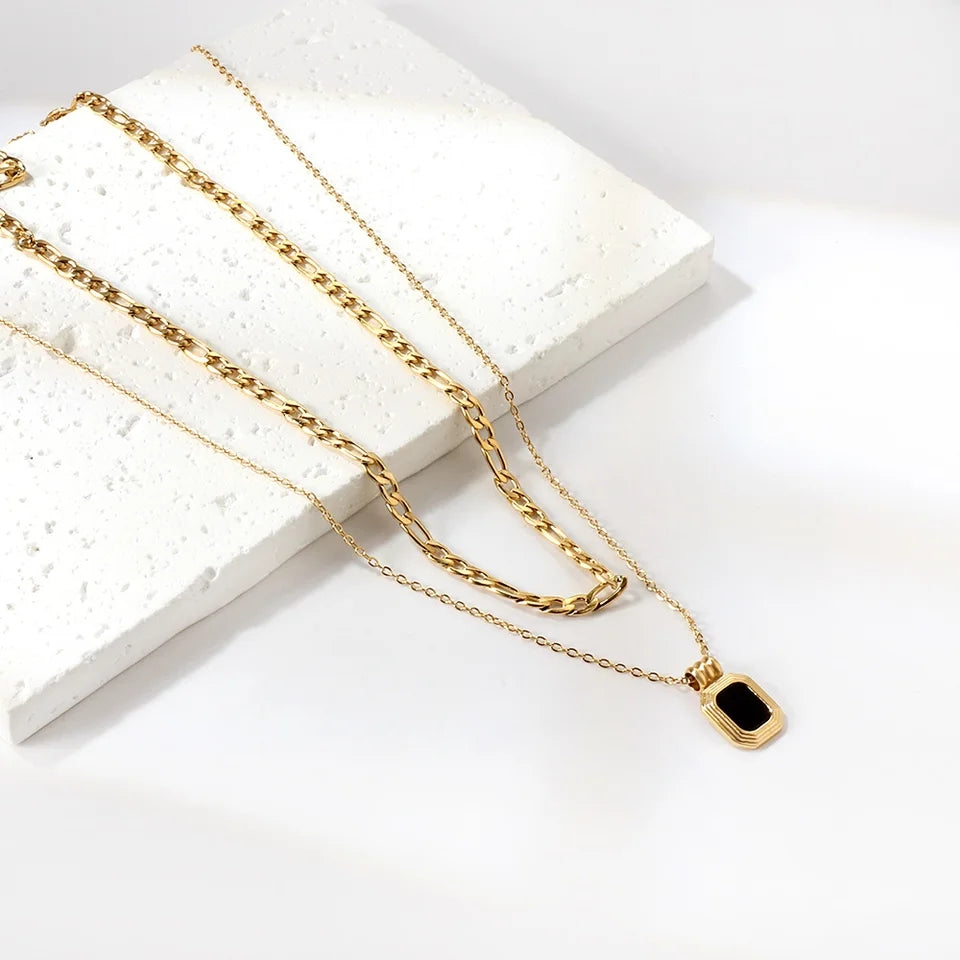 LUXUSTEEL Double Layer Gold Necklace: Black Square Pendant, Korean Choker - Shop N Save