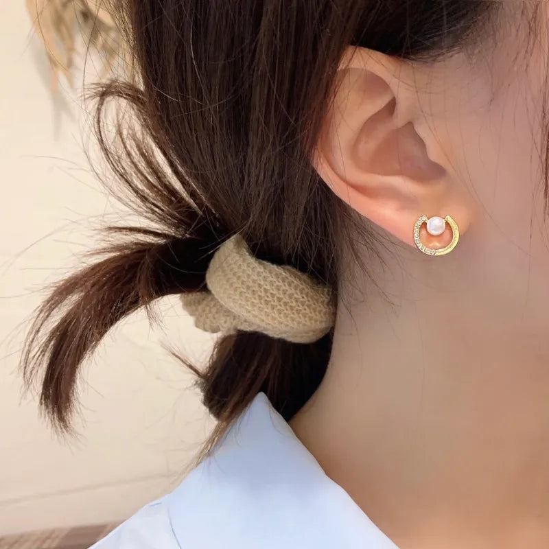 Korean Rhinestone Pearl Studs: Exquisite C-Shape, Fashion Jewelry - Shop N Save