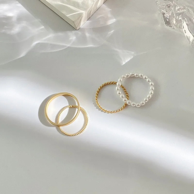 Plain Pearl Overlapping Ring Set - Fashionable Women's Party Jewelry - Shop N Save