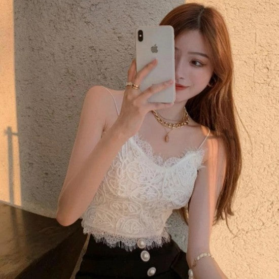 Women Camis Lace Temperament Crop Top - White