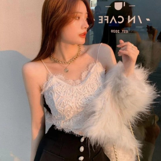 Women Camis Lace Temperament Crop Top - White