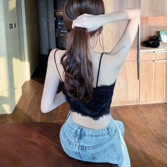 Women Camis Lace Temperament Crop Top Bra - Black