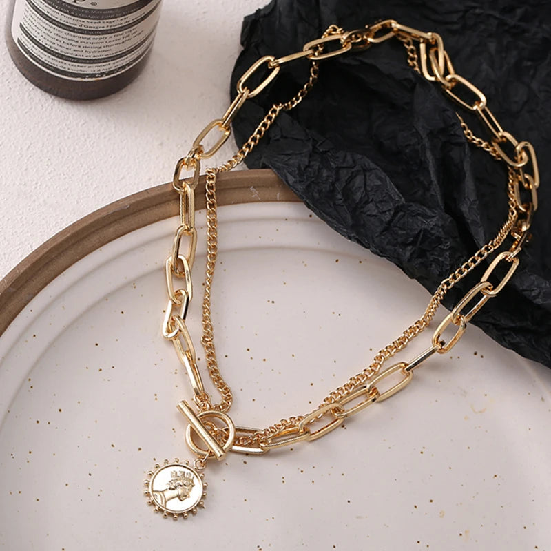 Golden Coin Portrait Necklace: Punk Gold Multilayer Choker for Women - Shop N Save