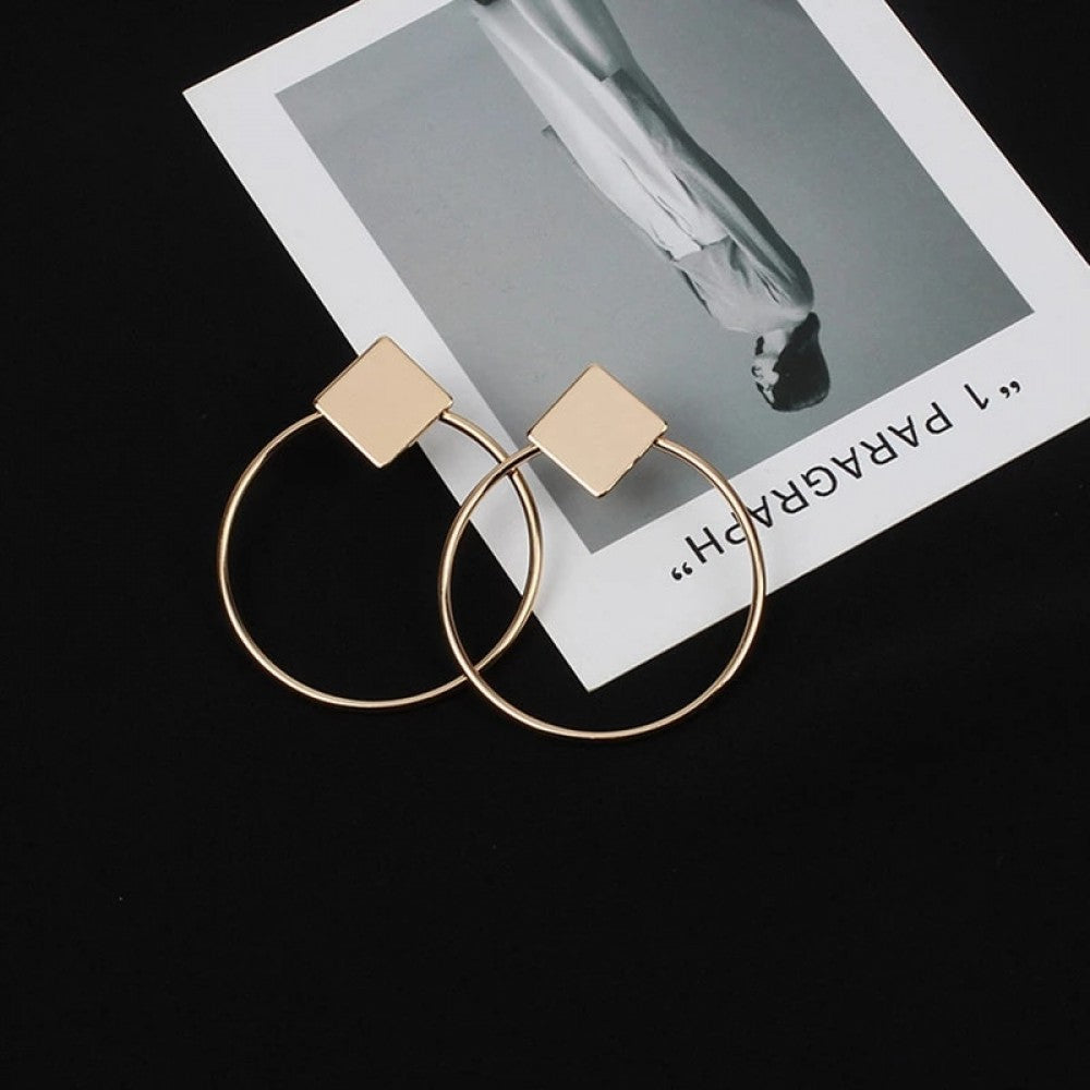 Square And Hoop Simple Fashion Popular Girl Lady Earrings - Golden
