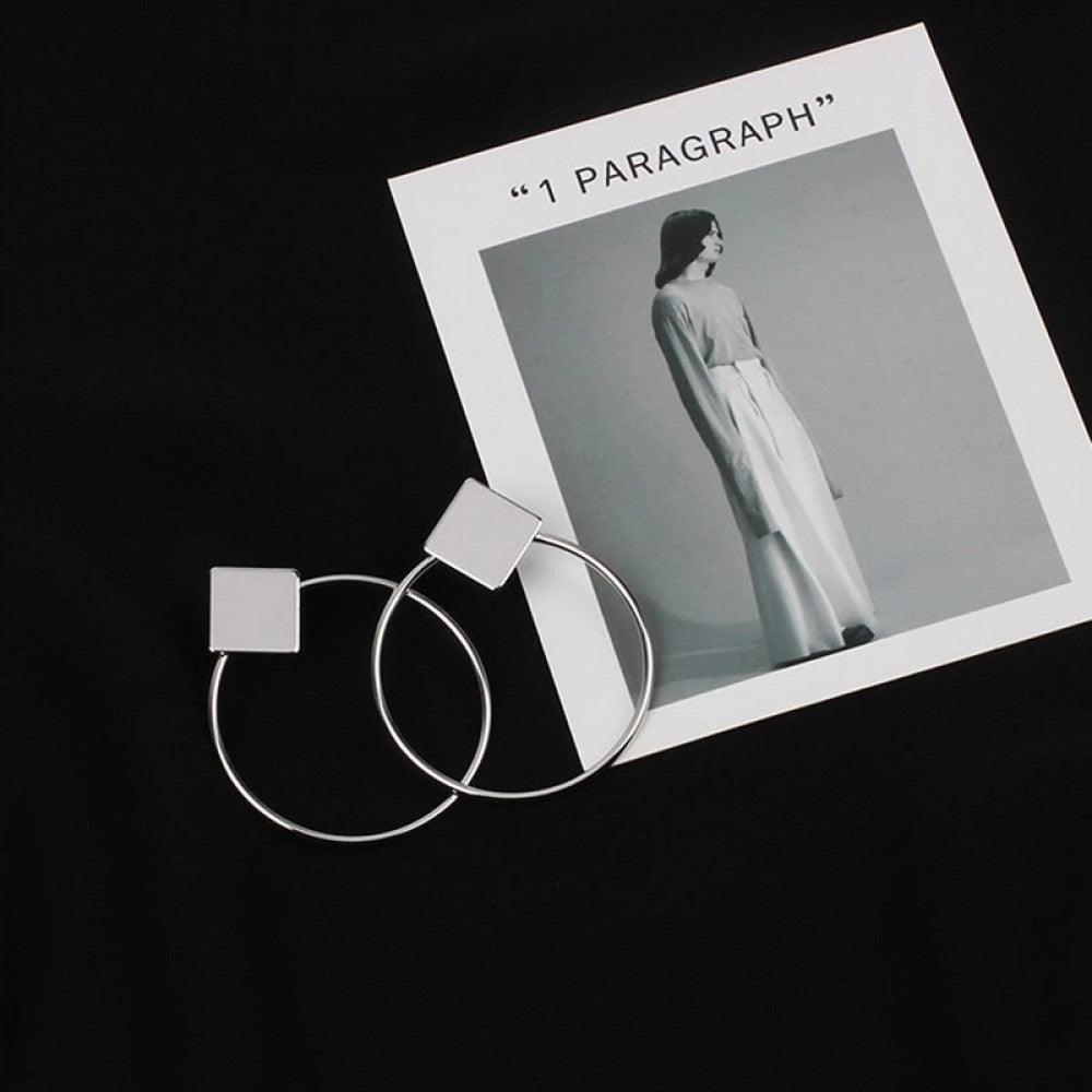 Square And Hoop Simple Fashion Popular Girl Lady Earrings - Silver