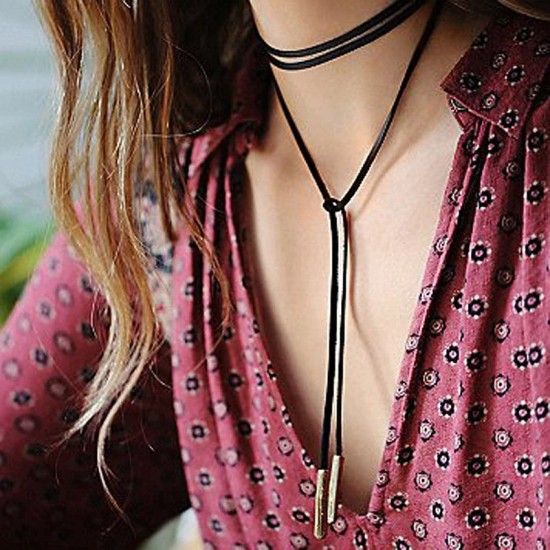 Long Blue Pendant Choker Necklace Brown Lace
