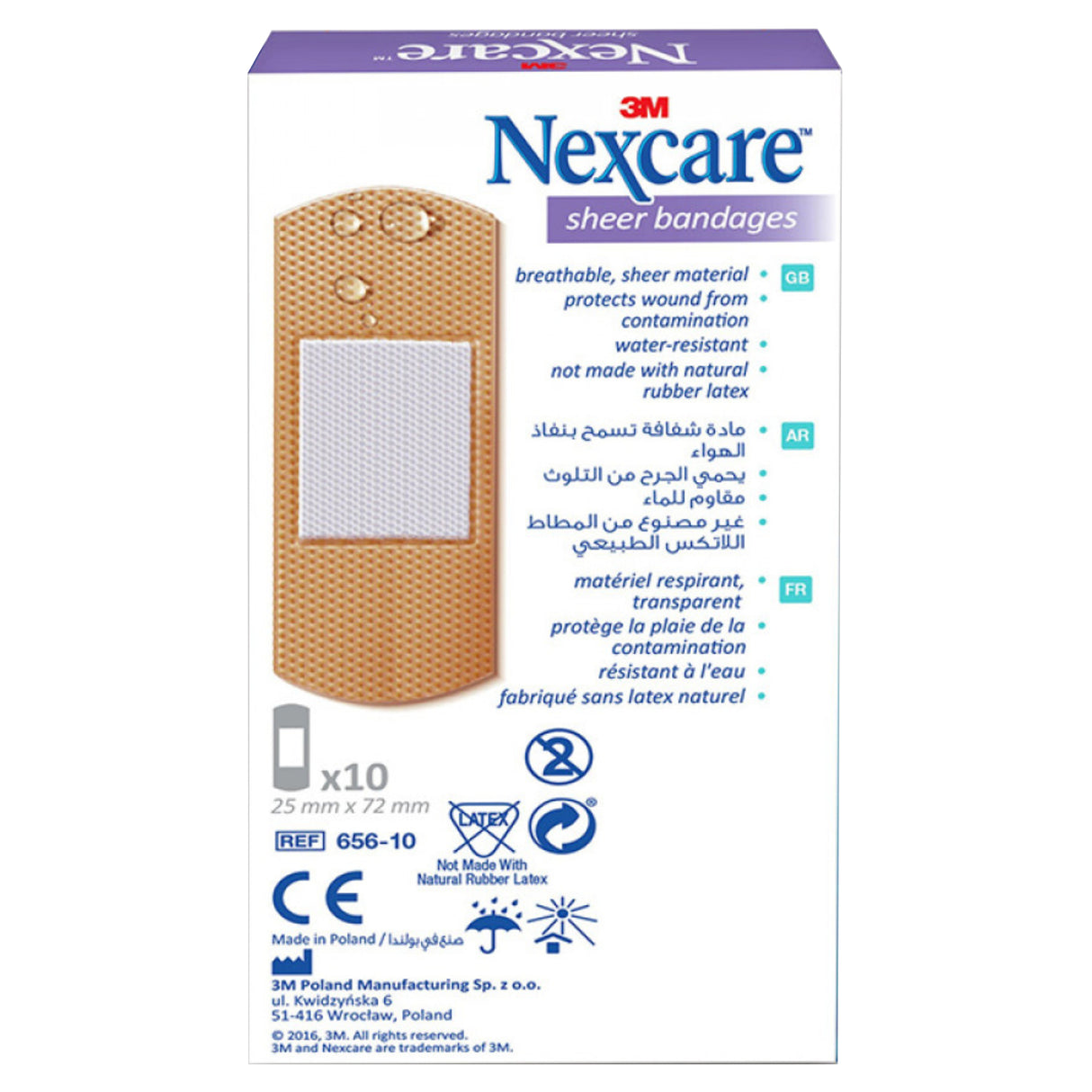 656-10 Nexcare Sheer Bandages, 72x25mm, 10/Box