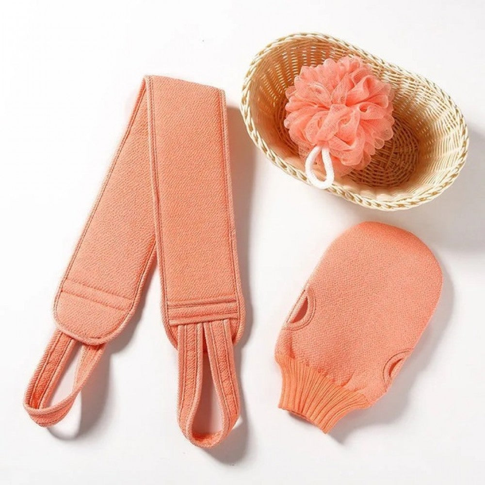 3 Pieces Body Cleaning Soft Cloth Back Scrubber Sponge Gloves Set For Shower Peach