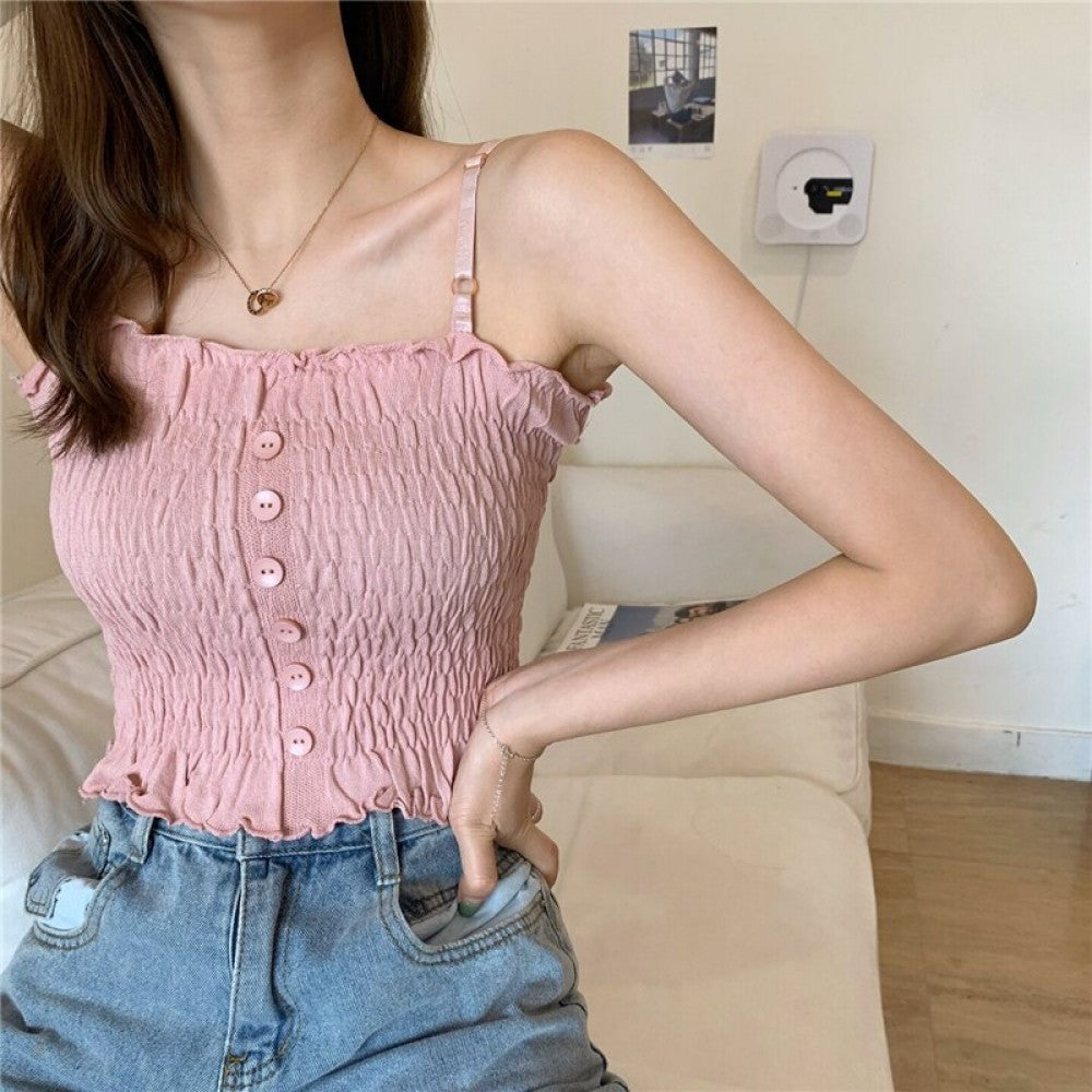 Women Slim Solid Wrinkle Crop Tops Shirt - Pink - Shop N Save
