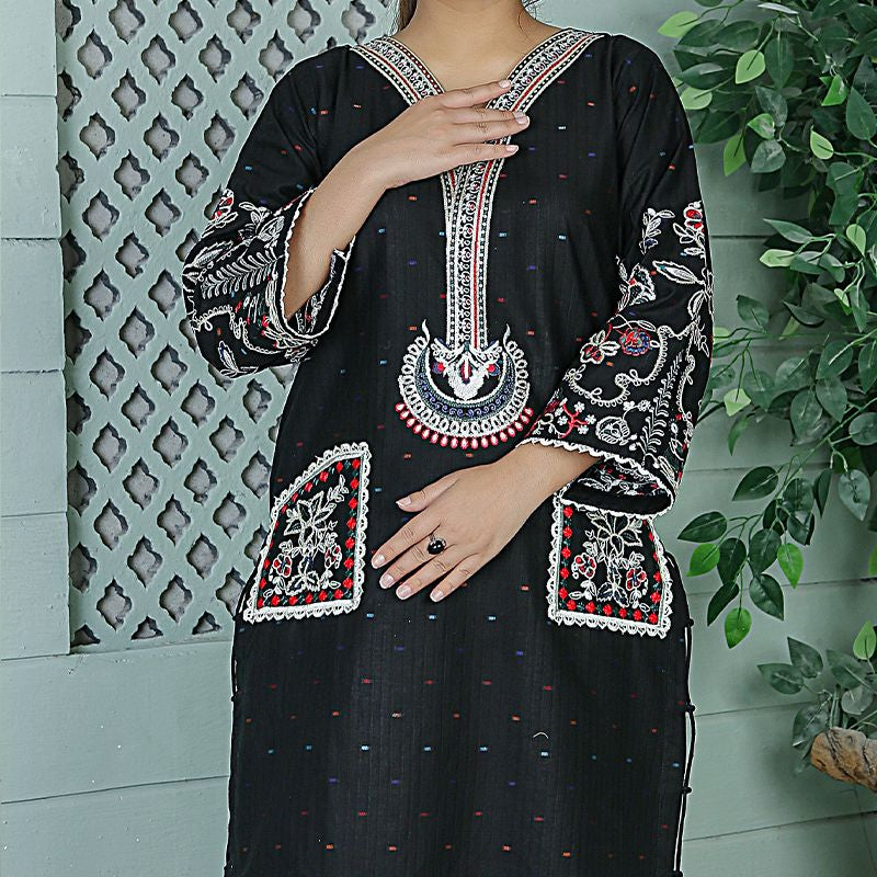 2 Piece Kurti Salwar Embroidery Set - Pure Cotton Collection Stylish Solid Color Light Weight Cotton Fabric Suit Top Bottom Salwar Kameez Indian Pakistani Embroidered Suit For Event Party Outdoor Dress - Black - Shop N Save