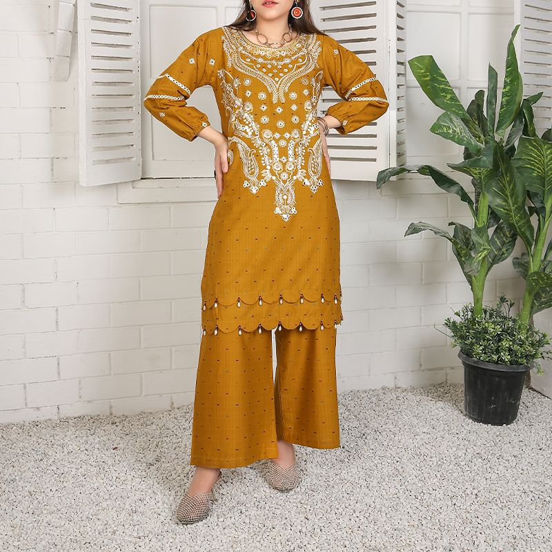 2 Piece Kurti Salwar Embroidery Set - Pure Cotton Collection Stylish Solid Color Light Weight Cotton Fabric Suit Top Bottom Salwar Kameez Indian Pakistani Embroidered Suit For Event Party Outdoor Dress - Golden - Shop N Save