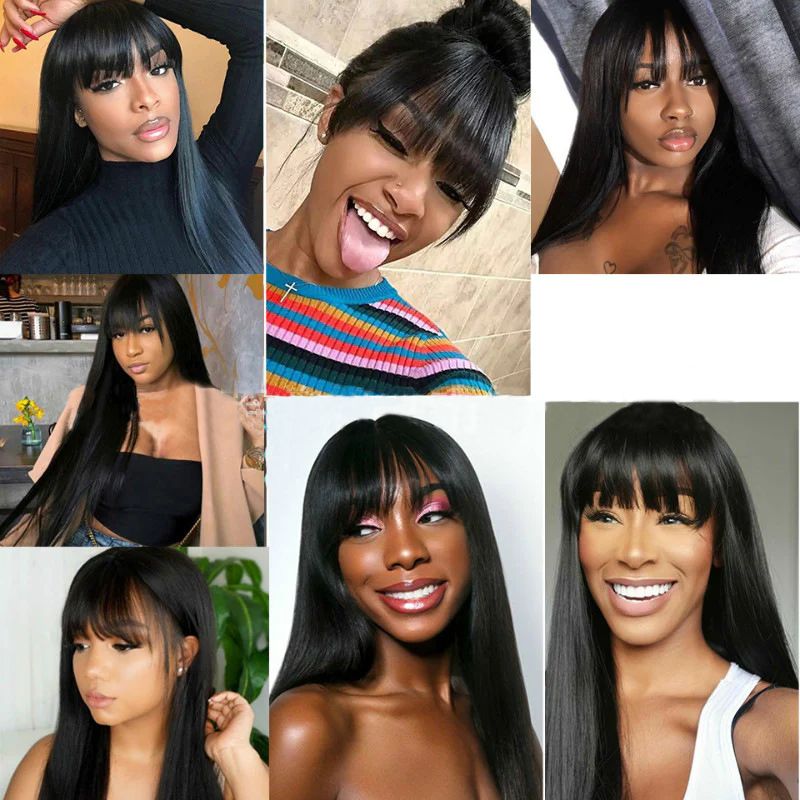 Africa full bangs black long straight hair wig headgear for women