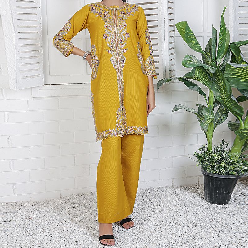 2 Piece Kurti Salwar Embroidery Set - Pure Cotton Collection Stylish Solid Color Light Weight Cotton Fabric Suit Top Bottom Salwar Kameez Indian Pakistani Embroidered Suit For Event Party Outdoor Dress - Golden - Shop N Save