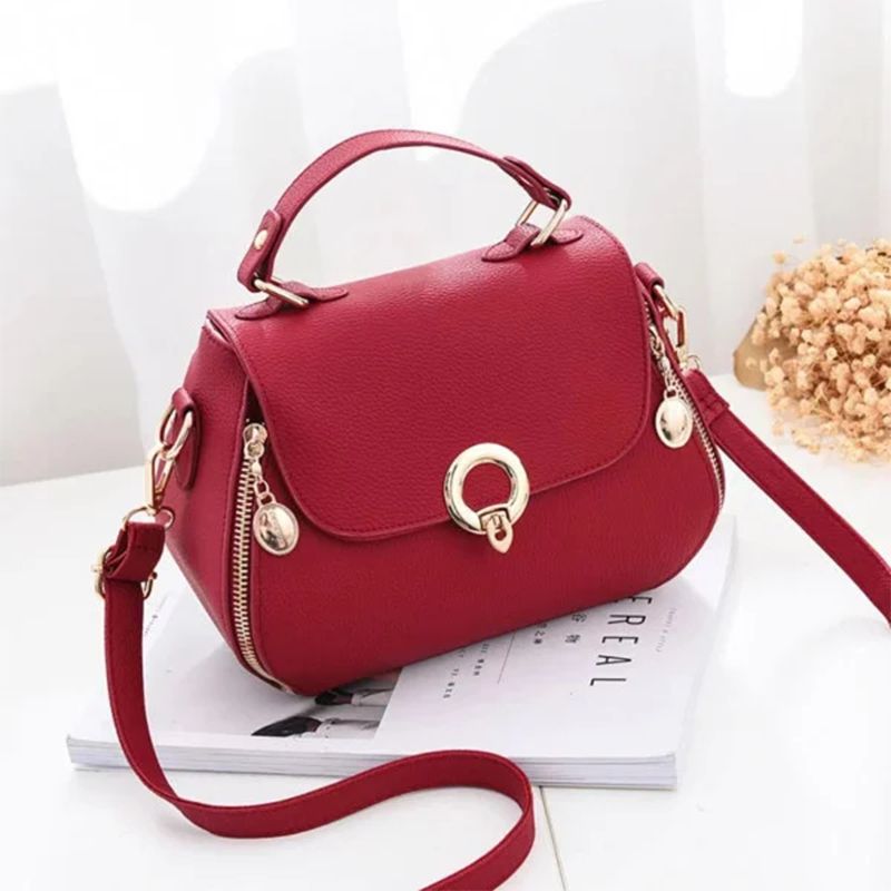 Wine Red PU Handbag: Adjustable Strap, Cute Flap-over, Stylish Chic - Shop N Save