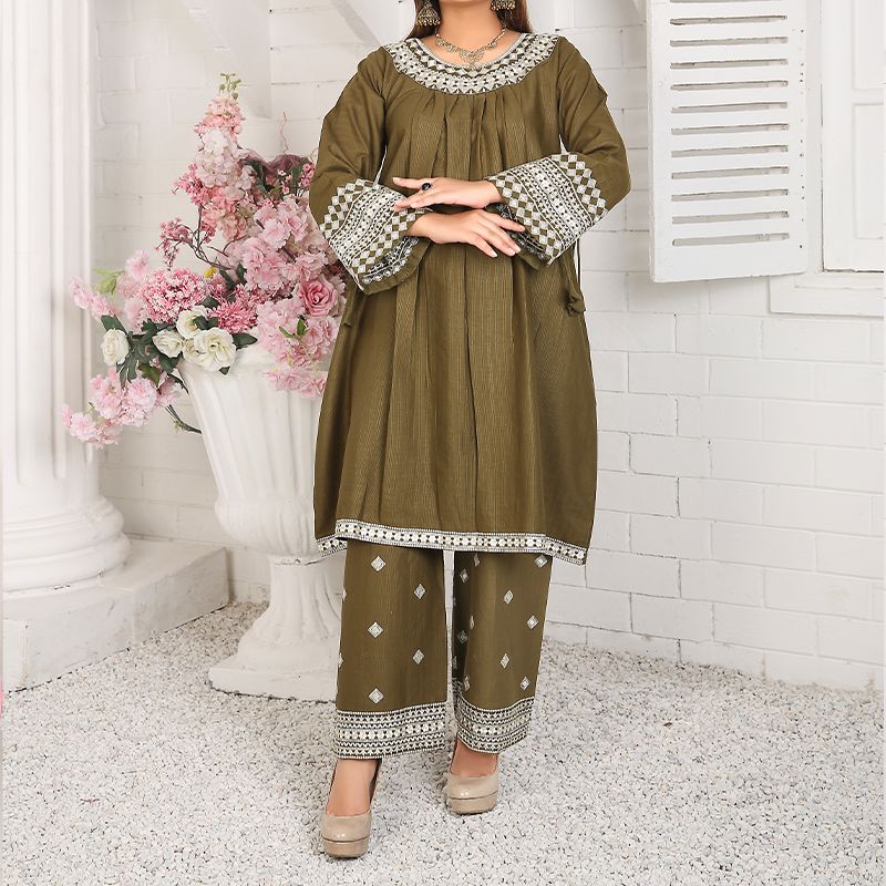 2 Piece Kurti Salwar Embroidery Set - Pure Cotton Collection Stylish Solid Color Light Weight Cotton Fabric Suit Top Bottom Salwar Kameez Indian Pakistani Embroidered Suit For Event Party Outdoor Dress - Dark Green - Shop N Save