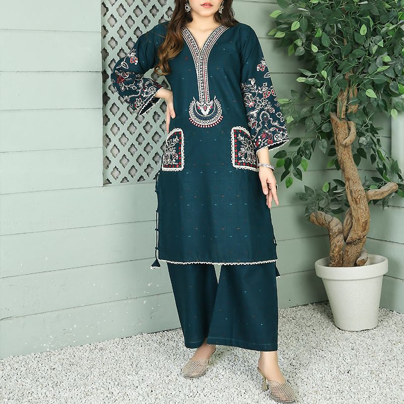 2 Piece Kurti Salwar Embroidery Set - Pure Cotton Collection Stylish Solid Color Light Weight Cotton Fabric Suit Top Bottom Salwar Kameez Indian Pakistani Embroidered Suit For Event Party Outdoor Dress - Dark Blue - Shop N Save