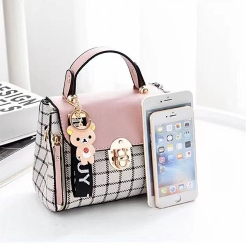Pink Plaid Handbag: Cute, Stylish, Geometric Twist Lock, Adjustable Strap - Shop N Save