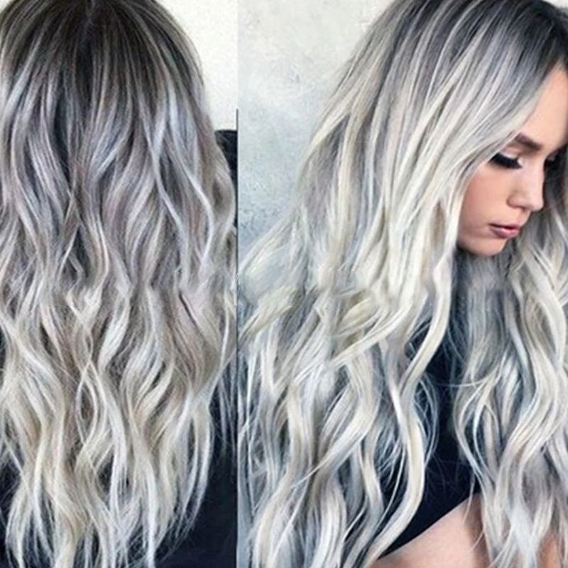 Wavy Long Hair Wig - Black & Gray Gradient T-Color European Fashion Headgear
