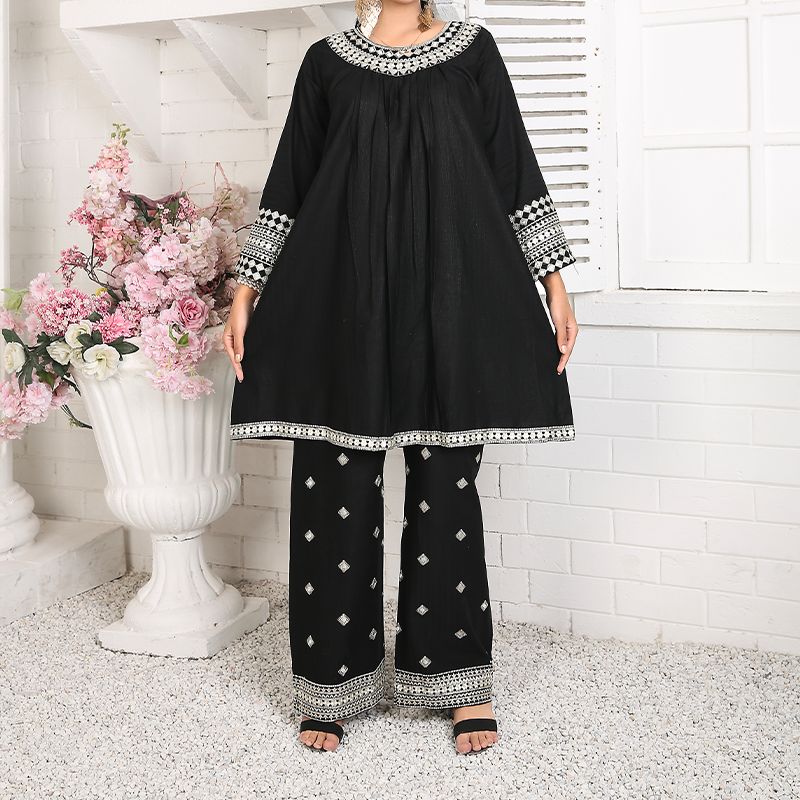 2 Piece Kurti Salwar Embroidery Set - Pure Cotton Collection Stylish Solid Color Light Weight Cotton Fabric Suit Top Bottom Salwar Kameez Indian Pakistani Embroidered Suit For Event Party Outdoor Dress - Black - Shop N Save