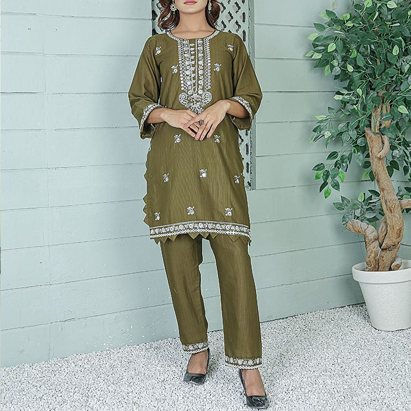 2 Piece Kurti Salwar Embroidery Set - Pure Cotton Collection Stylish Solid Color Light Weight Cotton Fabric Suit Top Bottom Salwar Kameez Indian Pakistani Embroidered Suit For Event Party Outdoor Dress - Dark Green - Shop N Save