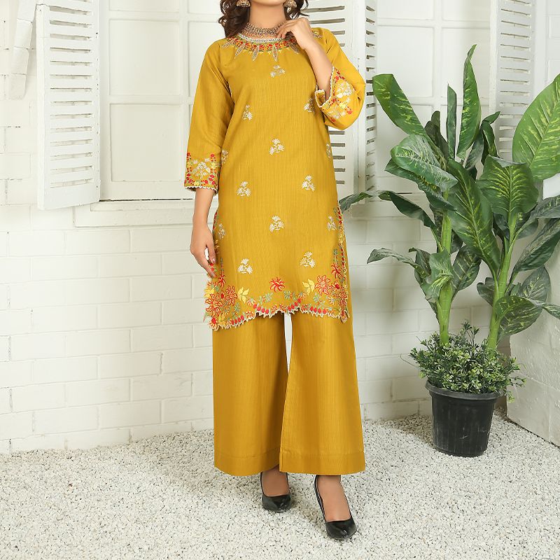 2 Piece Kurti Salwar Embroidery Set - Pure Cotton Collection Stylish Solid Color Light Weight Cotton Fabric Suit Top Bottom Salwar Kameez Indian Pakistani Embroidered Suit For Event Party Outdoor Dress - Golden - Shop N Save