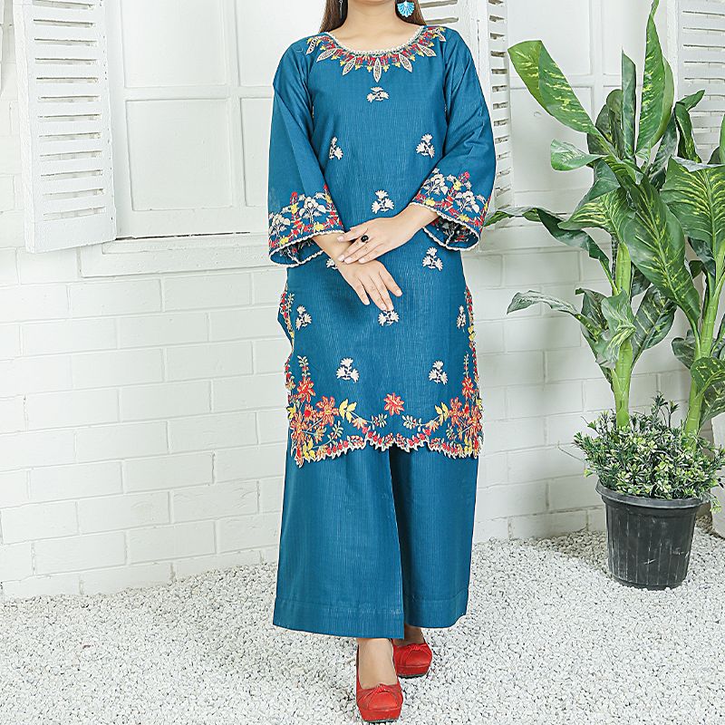 2 Piece Kurti Salwar Embroidery Set - Pure Cotton Collection Stylish Solid Color Light Weight Cotton Fabric Suit Top Bottom Salwar Kameez Indian Pakistani Embroidered Suit For Event Party Outdoor Dress - Dark Blue - Shop N Save