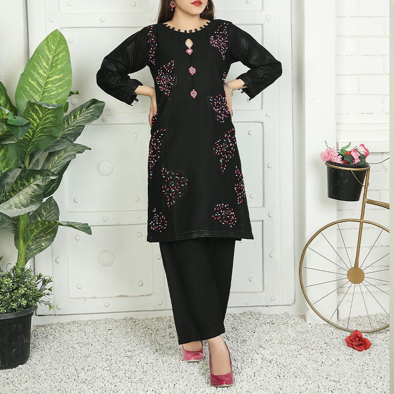 2 Piece Kurti Salwar Embroidery Set - Pure Cotton Collection Stylish Solid Color Light Weight Cotton Fabric Suit Top Bottom Salwar Kameez Indian Pakistani Embroidered Suit For Event Party Outdoor Dress - Black - Shop N Save