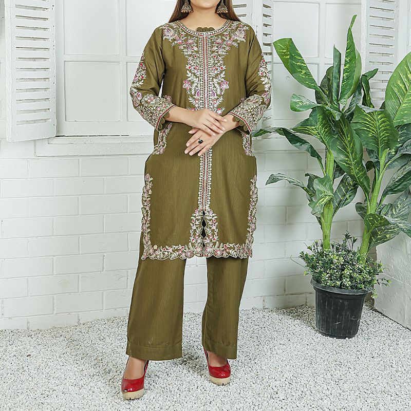 2 Piece Kurti Salwar Embroidery Set - Pure Cotton Collection Stylish Solid Color Light Weight Cotton Fabric Suit Top Bottom Salwar Kameez Indian Pakistani Embroidered Suit For Event Party Outdoor Dress - Dark Green - Shop N Save