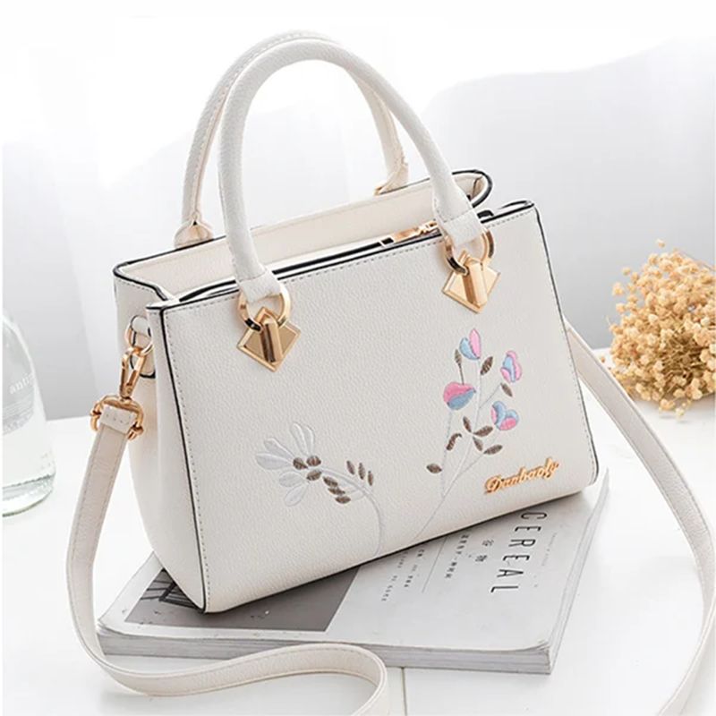High-Quality Floral Handbag: Cream White, Zip Closure, Double Handle - Shop N Save