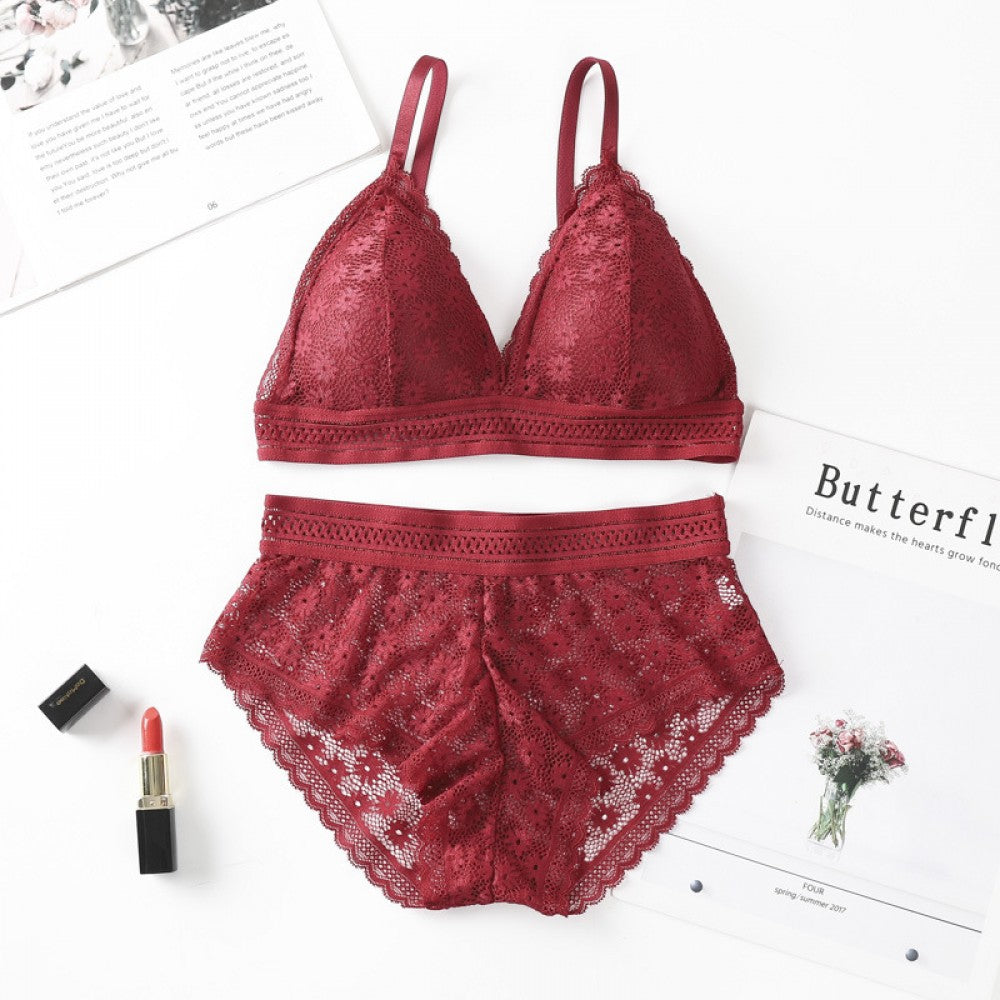 Classy Lace Underwear Suit V-Neck Hollow Out - Maroon - Shop N Save
