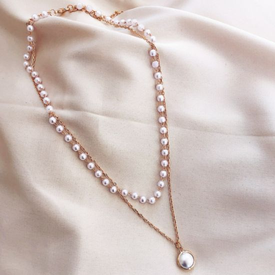 Simple Chain Beaded Multi-Layer Pearl Pendant Necklace Golden