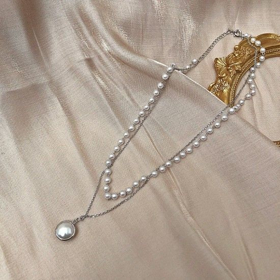 Simple Chain Beaded Multi-Layer Pearl Pendant Necklace Golden