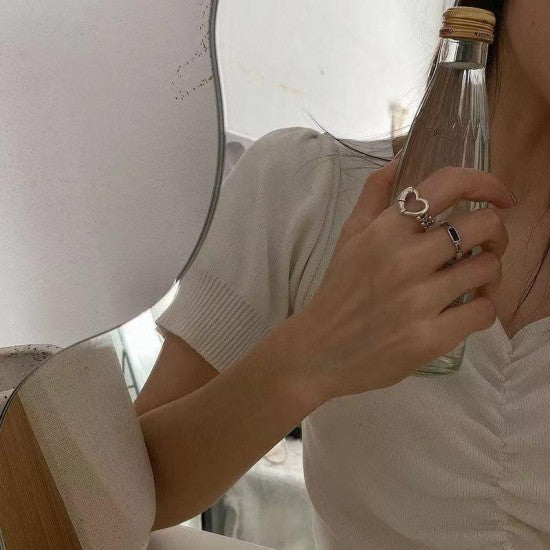 2 Pcs Fashion Heart Shaped Mixture Ring Hip-Hop Punk Hollow Women Ring Silver