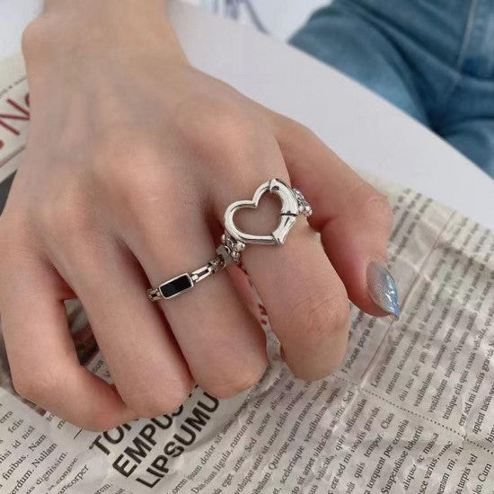 2 Pcs Fashion Heart Shaped Mixture Ring Hip-Hop Punk Hollow Women Ring Silver