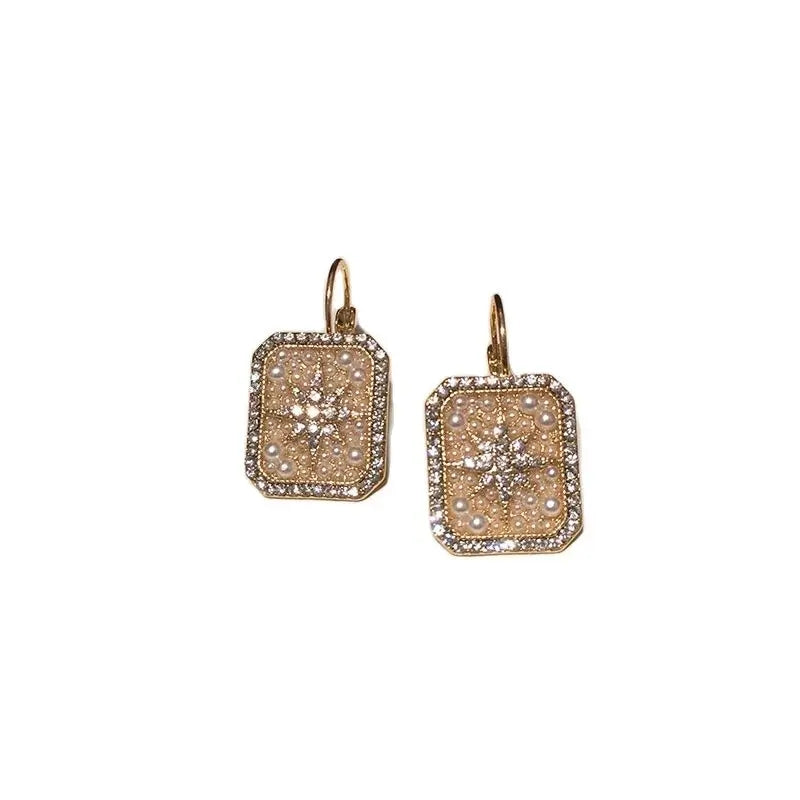 Small Star Earrings: Pearl Flower, Gold Color, Zircon Square - Shop N Save