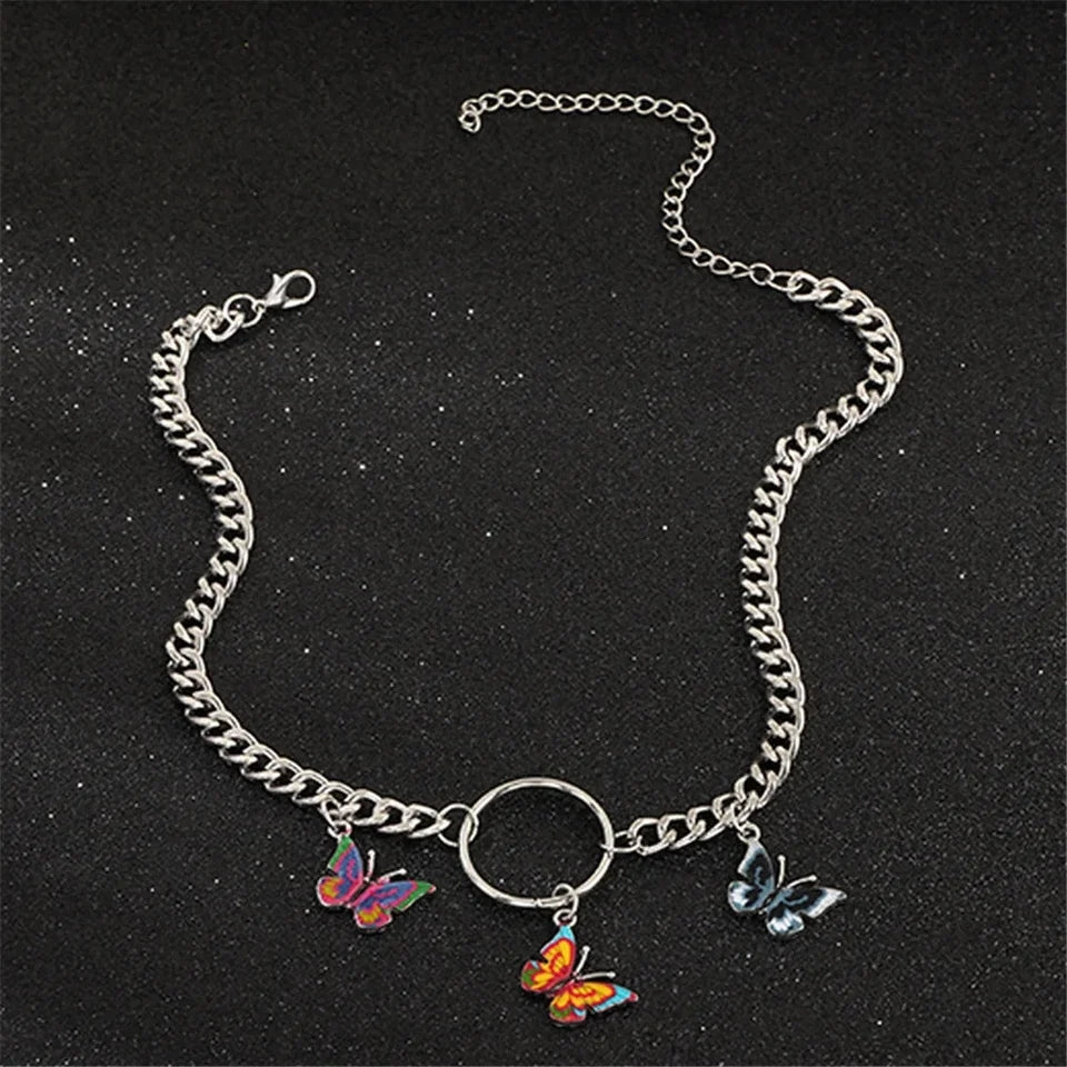 Boho Silver Choker: Punk Collar with Butterfly Pendant - Shop N Save