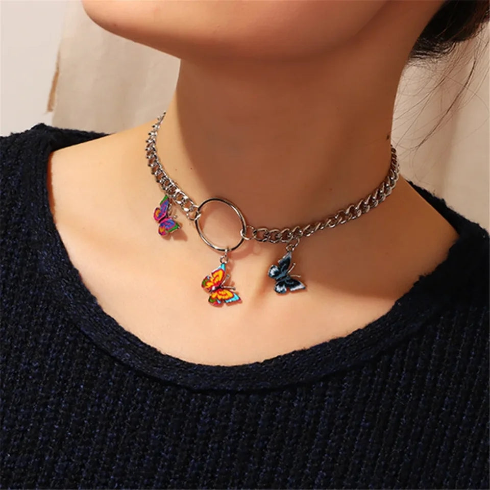 Boho Silver Choker: Punk Collar with Butterfly Pendant - Shop N Save